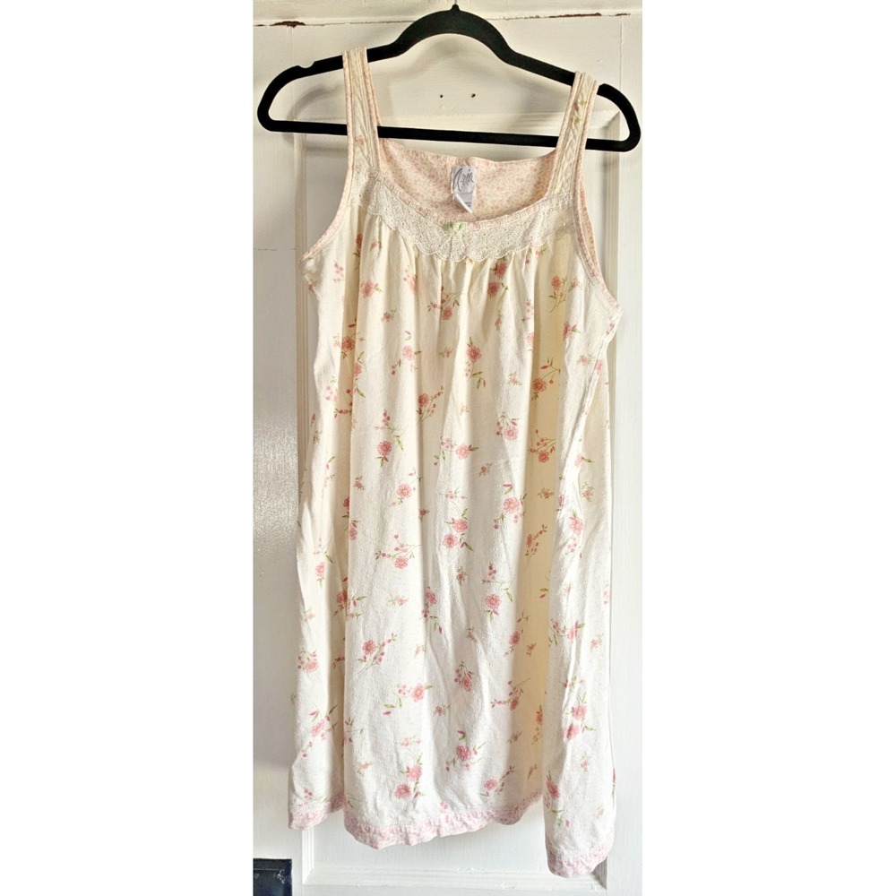 Aria 100% cotton sleeveless chemise floral lace trim square neck night gown M